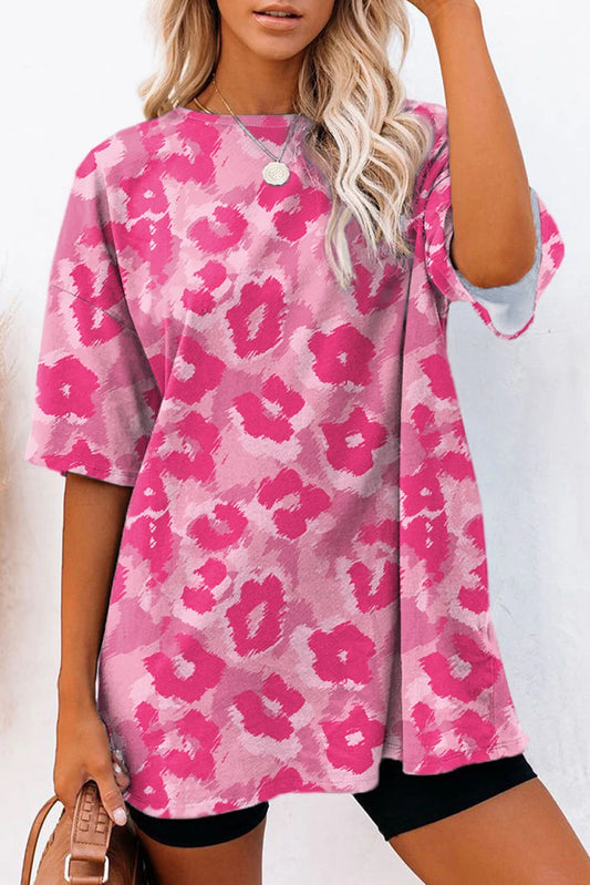Pink Leopard Print Drop Sleeve Oversized T