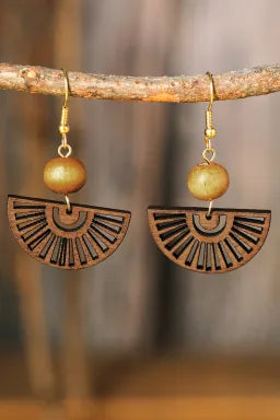 Brown Vintage Wood Fan Drop Earrings
